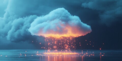 Poster - Futuristic Cloud Storage Visualization Featuring Illuminating Digital Streams and Soft Blue Hues