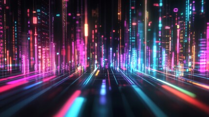 Poster - A futuristic financial graph in neon colors over a black background, with digital data points glowing, creating a high-tech aesthetic