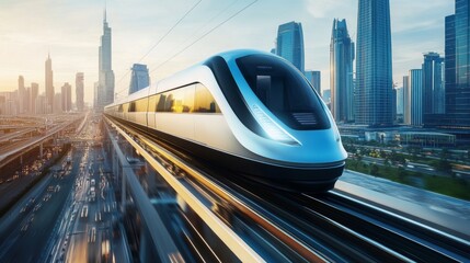 Poster - A futuristic high-speed train gliding smoothly on elevated tracks above a bustling city, with skyscrapers and urban life below.