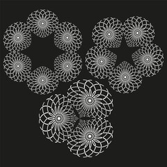 Poster - Geometric spiral shapes. Glowing circular symbols. Abstract vector pattern. Black background art.