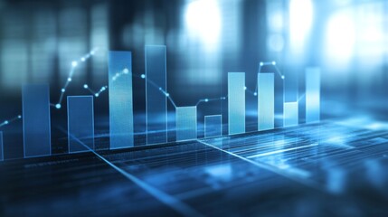 Poster - A modern D bar graph displaying financial performance with rising and falling bars, set against a professional blue and gray background.