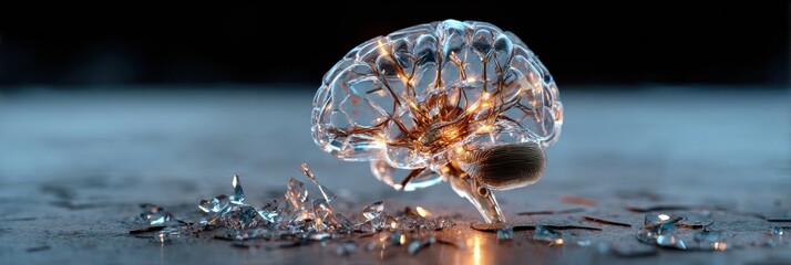 Aufkleber - Surreal Representation of a Glass Brain With Shattered Nerves Illuminating a Dark Space, Blending Fragility With Complexity