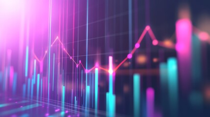 Poster - A professional D bar chart in soft gradient tones, with bars rising upwards and data lines overlaid, set in a minimalist digital environment.