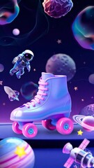 Wall Mural - A vibrant, low-angle video concept featuring a roller skate in a cosmic setting with planets, an astronaut, and neon colors for a playful, futuristic vibe. Live mobile wallpaper.