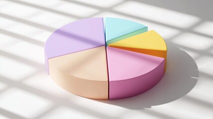Fototapete - A segmented D pie chart with vibrant, pastel-colored slices, casting realistic shadows on a white base, ideal for a modern data display