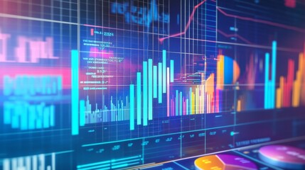 Poster - A set of bar and pie charts displaying financial performance metrics, surrounded by stock symbols and futuristic data overlays.