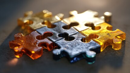 Poster - Symbolic Puzzle Pieces Coming Together in Teamwork Metaphor During Bright Daylight to Represent Unity and Collaboration