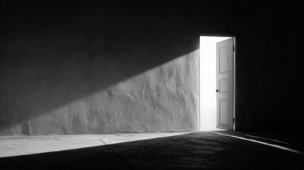 Poster - Unexpected Door Stands Ajar in Smooth White Wall, Revealing a Shaft of Light and Creating a Contrast of Shadow and Illumination