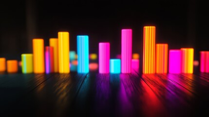 Poster - A vibrant D financial bar graph with glowing bars on a dark background, showcasing positive business growth and market performance.