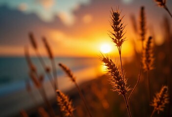 Poster - Vibrant golden hues fill the sky as the sun sets, casting warm light on beach grass swaying gently in the evening breeze, creating a tranquil atmosphere Generative AI