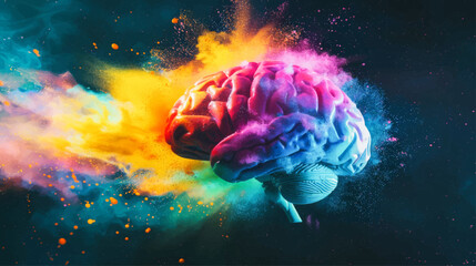 A colorful human brain with exploding color dust against a dark background. Brilliant ideas concept.
