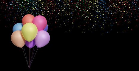 Aufkleber - Bunch of colorful balloons on black background with confetti. Empty space for text. 3d rendering