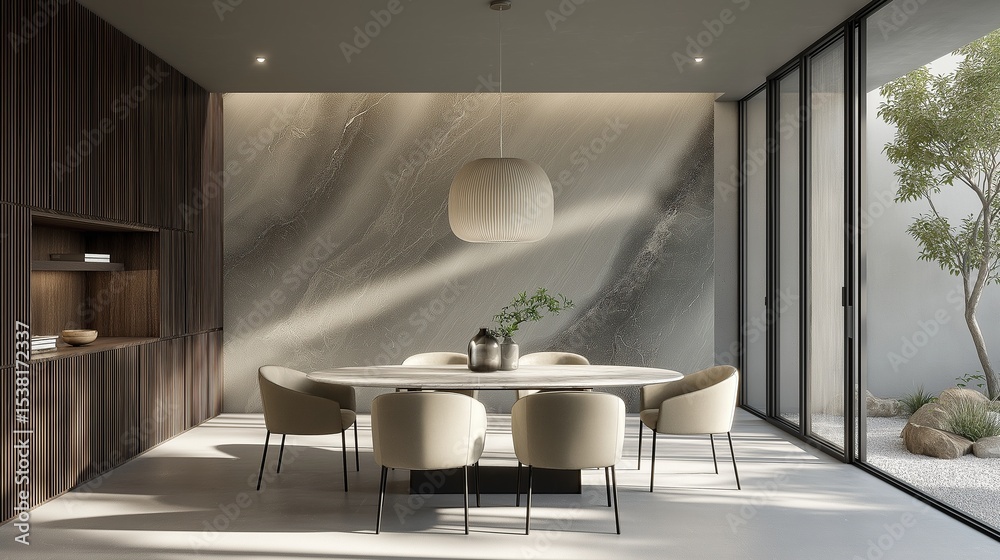 Modern minimalist dining room with round marble table and beige chairs ...