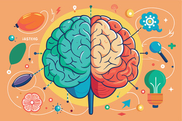 Poster - Creative illustration of a dual hemisphere brain showcasing cognitive functions and connections in a colorful design