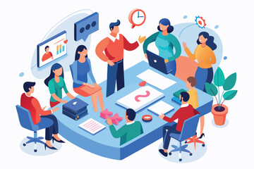 Poster - Group discussion in a modern office setting with diverse participants brainstorming ideas