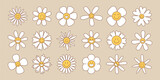 Retro daisy flower set in groovy style - white blooms with various petal shapes on beige background. Vintage botanical collection for hippie designs, 70s graphics or nostalgic decorative elements. Retro daisy flower set in groovy style - white blooms with various petal shapes on beige background. Vintage botanical collection for hippie designs, 70s graphics or nostalgic decorative elements.