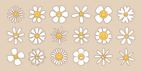 Poster - Retro daisy flower set in groovy style - white blooms with various petal shapes on beige background. Vintage botanical collection for hippie designs, 70s graphics or nostalgic decorative elements.