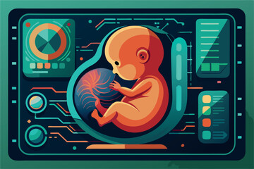 Poster - Creative illustration of an embryo exploring its environment within a futuristic setting, showcasing technology and biology integration