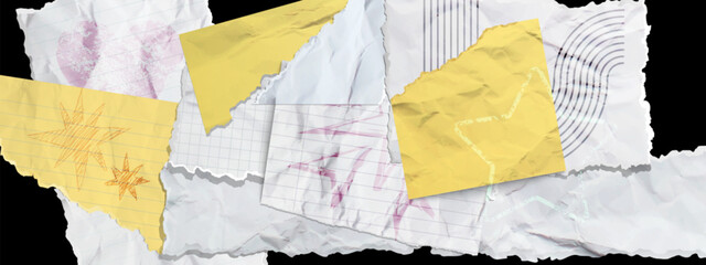 Poster - Torn paper textures with funky yellow sticky notes and lined notebook sheets - abstract collage materials with doodles, wrinkled edges and grunge elements for creative journaling and mixed media.