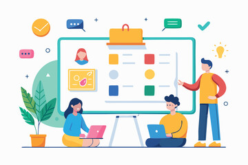 Poster - Collaborative brainstorming session in a modern workspace with three people engaged in discussions and presentations