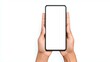 © Koplexs-Stock - Hands holding a smartphone with a blank white screen on a white background.