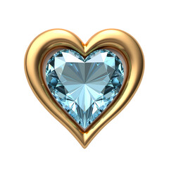 Poster - A golden heart frame with a light blue diamond heart center isolated on transparent background