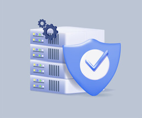 Poster - Internet security 3D render vector illustration. Data base server with the shield. Data Center and data protection. 3D concept of Cybersecurity technology, vector illustration.