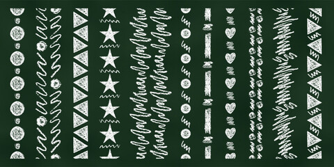 Wall Mural - Set of Vertical Seamless Borders Chalk Drawn Sketches of White Scribbles on Dark Background.