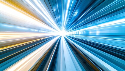 Wall Mural - abstract motion blur of futuristic blue light trails in a speed tunnel, suggesting fast subway movem