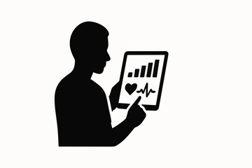 Poster - Silhouette of Person Analyzing Health Data on Tablet with Heart Rate and Bar Graph Displayed Against a Clean White Background Depicting Modern Healthcare black
