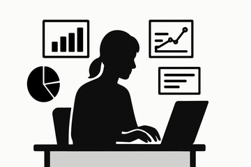 Poster - Silhouette of a Woman Working on a Laptop Surrounded by Data Charts and Graphs Representing Business Analysis and Financial Reporting in a Modern Office Setting