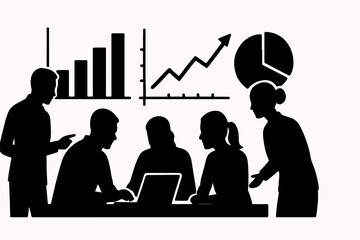 Poster - Silhouette Illustration of a Business Meeting with Charts and Graphs Depicting Teamwork Data Analysis and Strategic Planning in a Corporate Environment for Success This