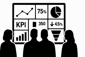 Poster - Business Team Reviewing Key Performance Indicators on a Dashboard Displaying Charts Graphs Percentages and a Funnel in a Black and White Vector Illustration black