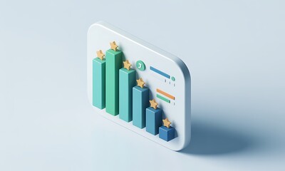 Poster - 3D Bar Chart Indicates Growth, displayed in a minimalistic style, represents business success with star icons, and includes copy space for text or graphics.
