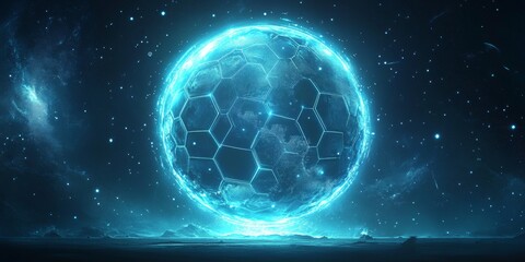 Wall Mural - futuristic blue orb nebula in deep outer space, digital shield and hologram protection system