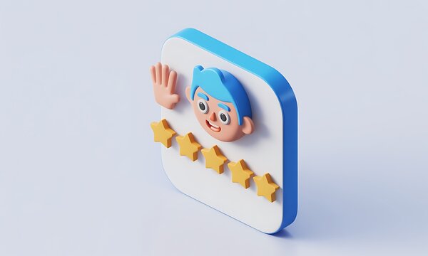 Cartoon character gives a Five-Star Rating, showing positive feedback in a digital setting, with a 3D rendering style and isolated on white.