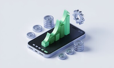 Poster - Green graph rises on a smartphone screen, illustrating financial growth, isometric view, business success concept, with copy space.