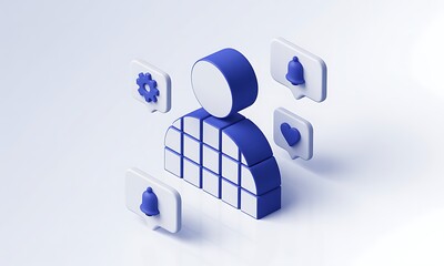 Poster - 3D User Icon Receives Notifications on White Background for Social Media Engagement, with copy space, isometric, minimal style