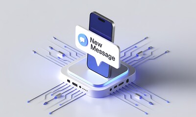 Poster - Smartphone displays a 'New Message' notification, symbolizing communication and connection in a modern tech environment with copy space for digital marketing.