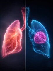 Fototapete - Visual Comparison of Healthy Lung Tissue and Cancerous Lung Tissue Showing Distinct Structural Differences
