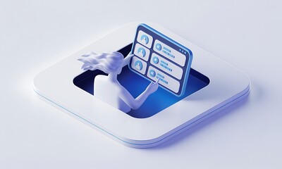 Poster - Woman Navigates Contacts on Digital Tablet, symbolizing modern communication in a minimalist 3D scene, with copy space and technology concept.