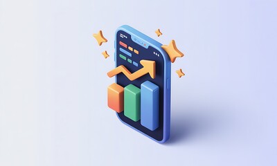 Poster - Smartphone display shows financial graph rising in 3D rendering, business success concept, with copy space for marketing, mobile application success.