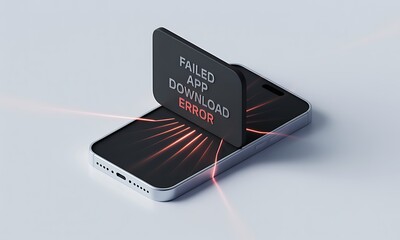 Poster - Mobile Phone Displays Failed App Download Message, indicating a software error on a white surface, depicting a technical glitch with dramatic lighting and copy space.