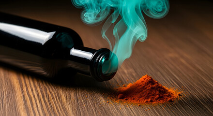 Fototapete - Bottle with Orange Powder and Turquoise Smoke on Wooden Surface. Close-up Concept.