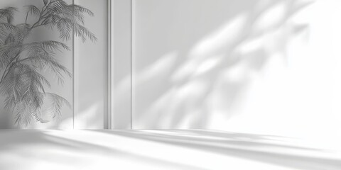 Poster - Bright and Serene Indoor Studio Room with Palm Branch Shadows and Minimalist Wall Design Elements