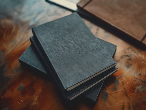 Stack of Dark Books on a Textured Table Surface