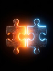 Poster - Two Glowing Puzzle Pieces Connected in a Dark Background With Contrasting Colors Highlighting Unity and Collaboration