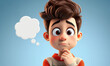 © Ornpitchayawee - Thoughtful animated boy with brown hair pondering an idea against a soft blue background with a thought bubble and a curious expression on his face