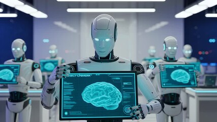 Poster - The Intelligent Era: A futuristic image, where advanced robots gather, each holding a screen displaying a brain scan, as though charting the course of artificial intelligence. 