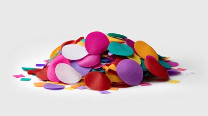 Poster - Pile of colorful confetti on a white background. The confetti is in various shapes and sizes, and the colors are bright and vibrant. Concept of celebration and joy